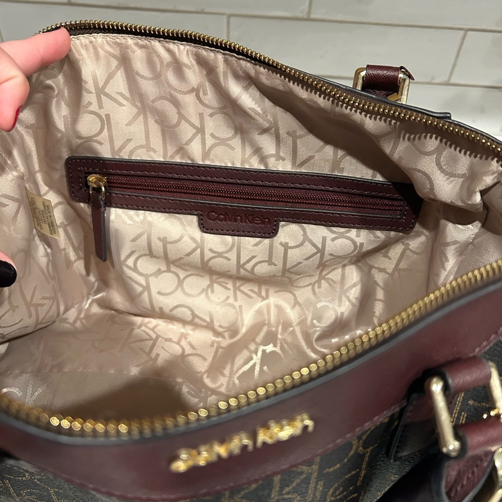 Calvin Klein Brown Monogram Dome Satchel with Burgundy Handles - Picture 4 of 7